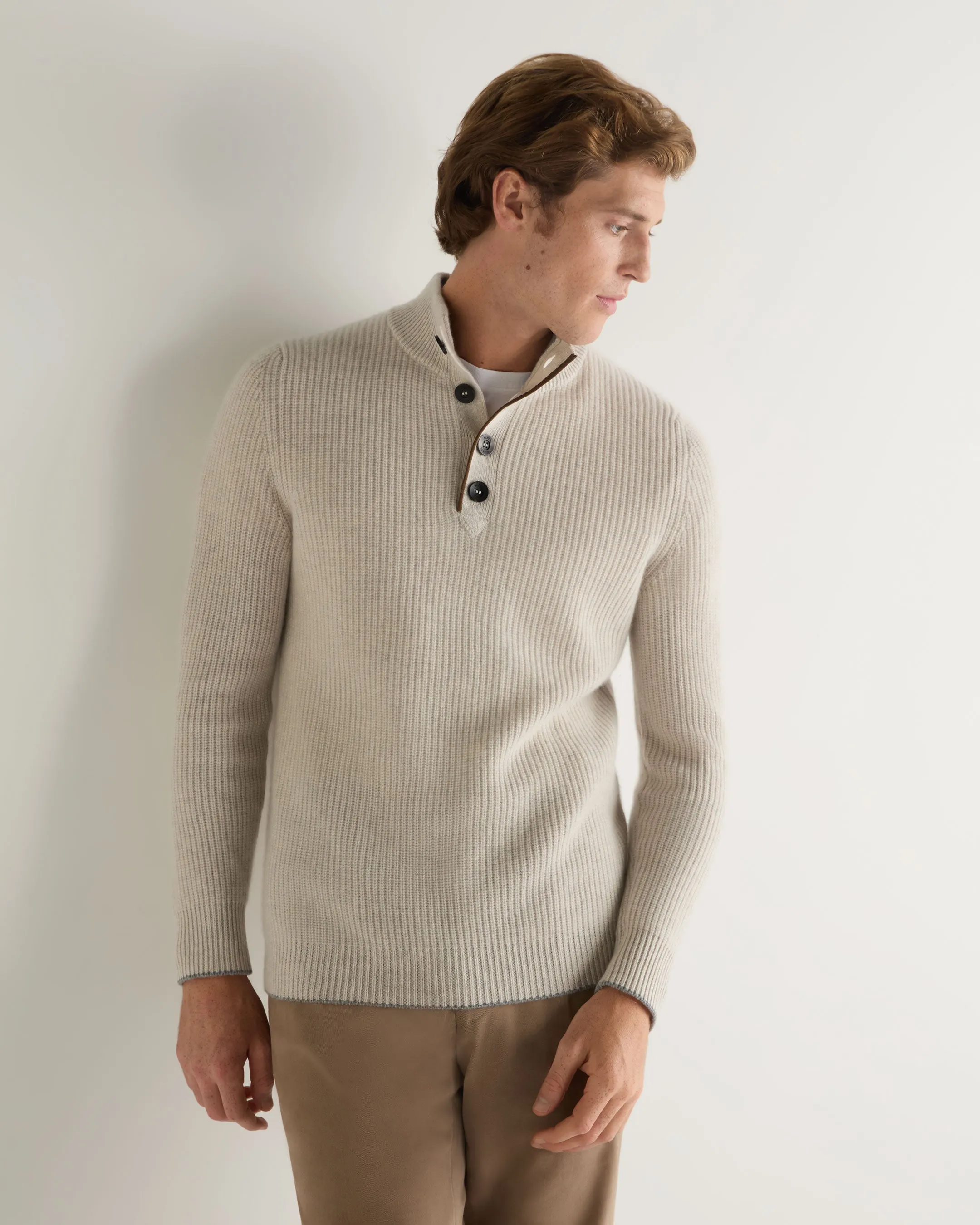 Men's Beauchamp Half Button Cashmere Jumper Pebble Grey