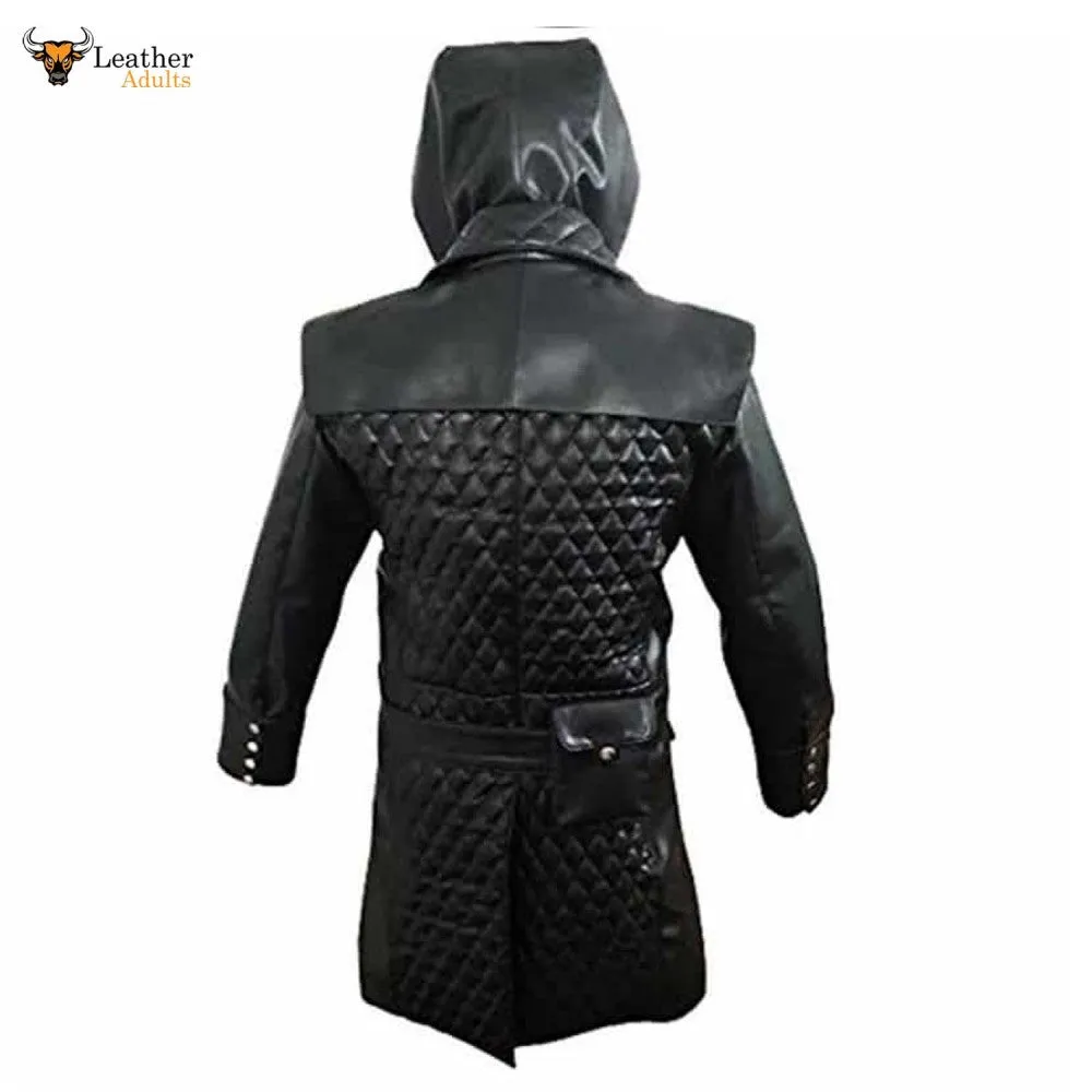 Mens Black Cowhide Leather Matrix Goth Trench Coat Gothic Trench Coat Steampunk Gothic T23 BLACK