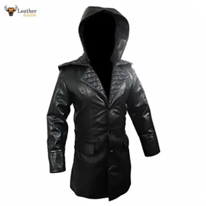 Mens Black Cowhide Leather Matrix Goth Trench Coat Gothic Trench Coat Steampunk Gothic T23 BLACK