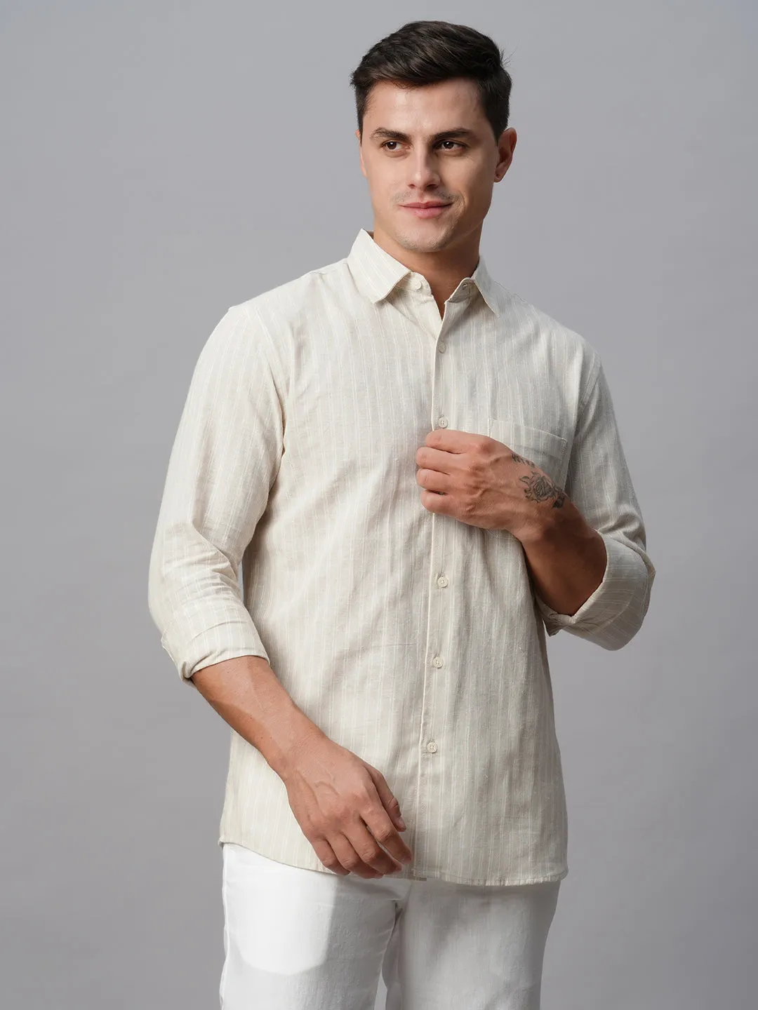 Men's Khaki Linen Cotton Regular Fit Striped Shirt