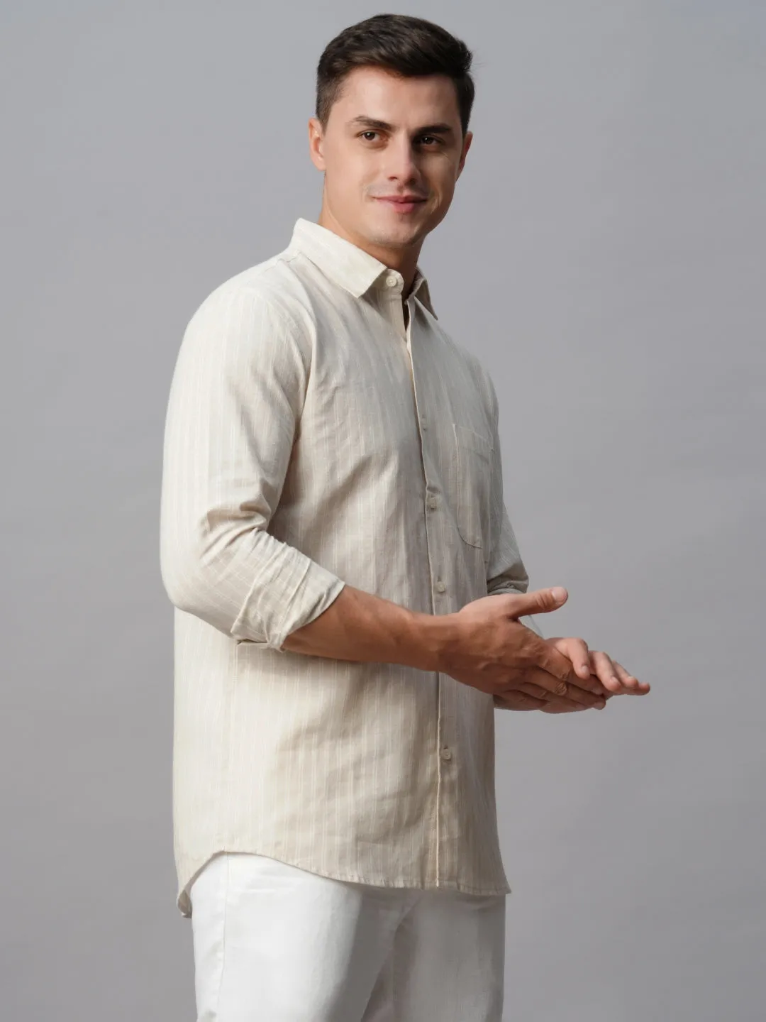 Men's Khaki Linen Cotton Regular Fit Striped Shirt