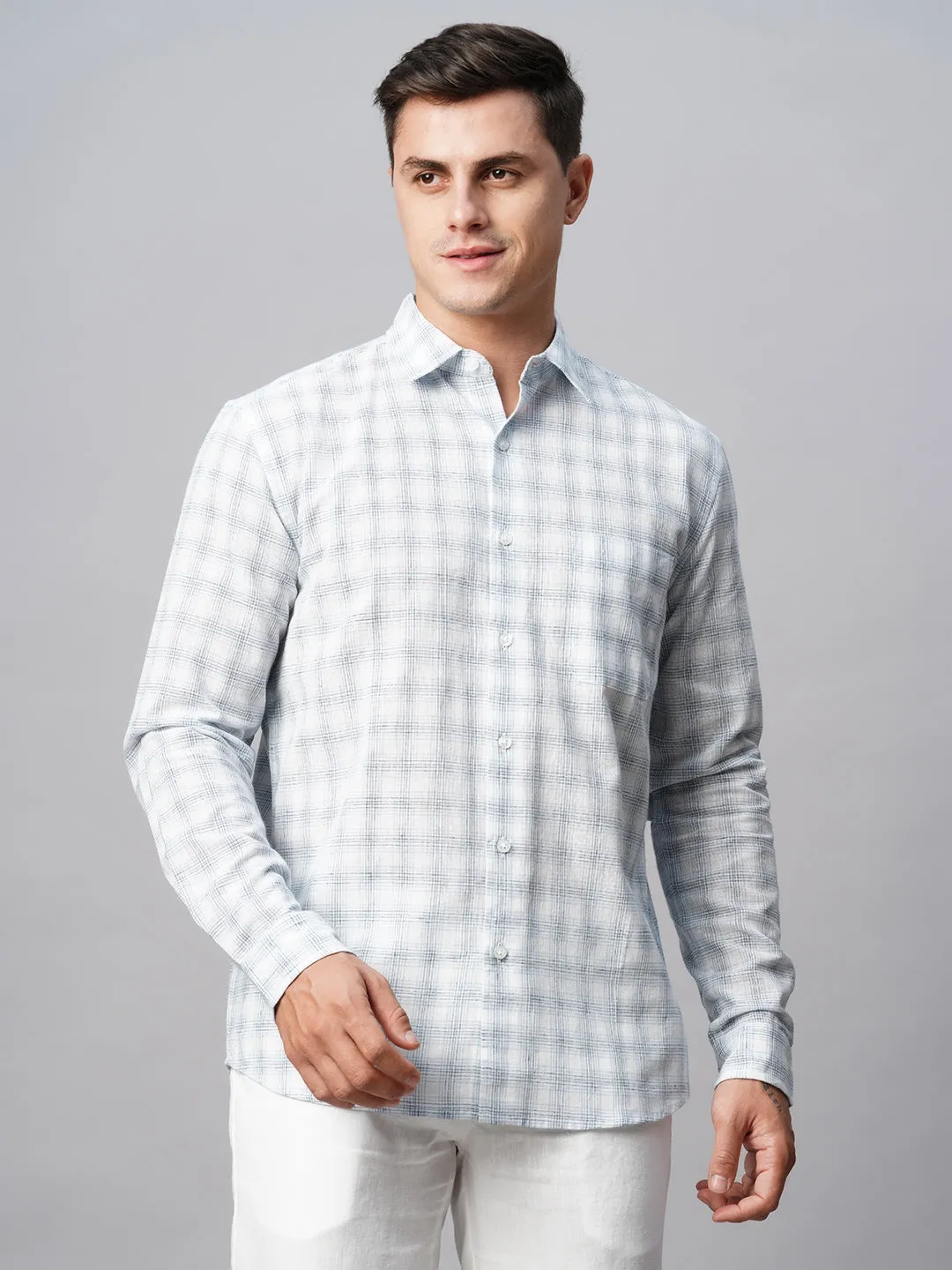 Men's White Linen Cotton Regular Fit Checked Shirt