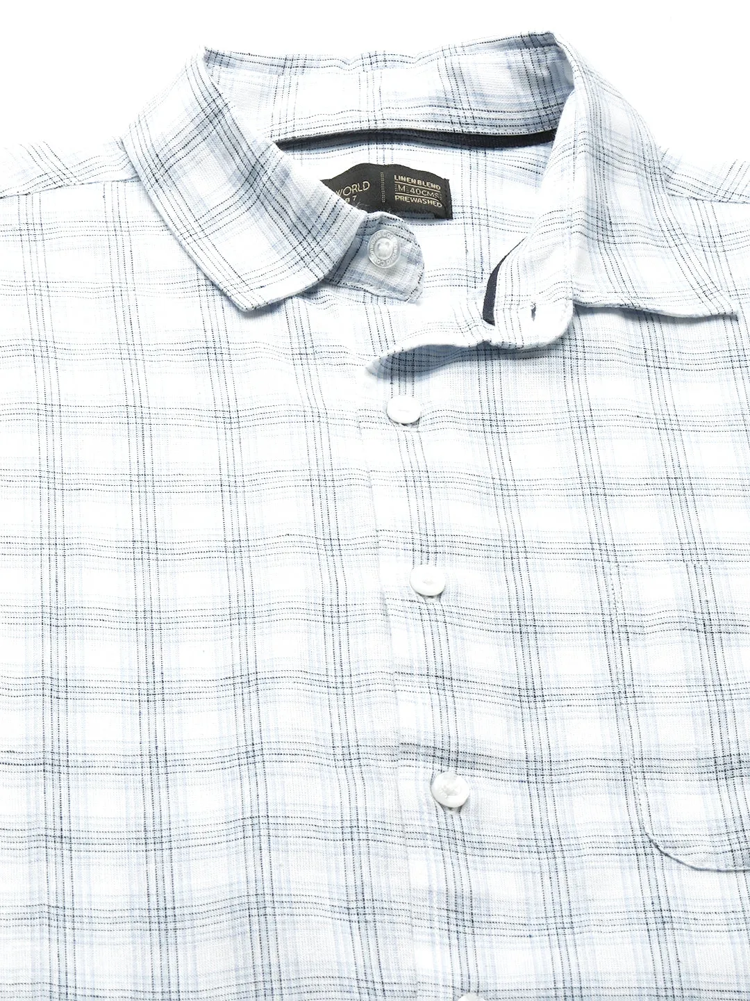 Men's White Linen Cotton Regular Fit Checked Shirt