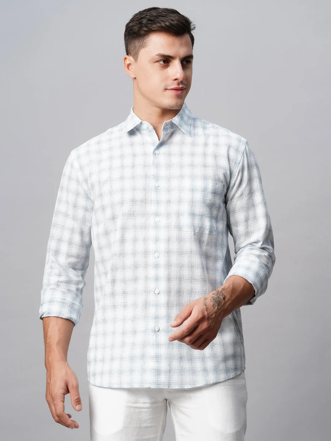 Men's White Linen Cotton Regular Fit Checked Shirt