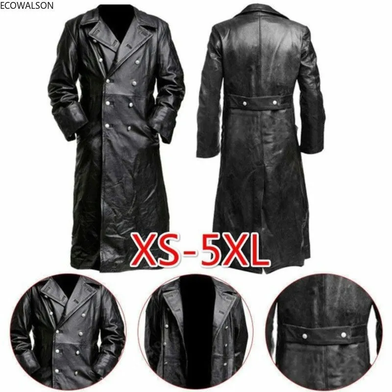 Men's Winter Long Coat  Leather Double-Breasted German Military Jacket | 1217-FY8