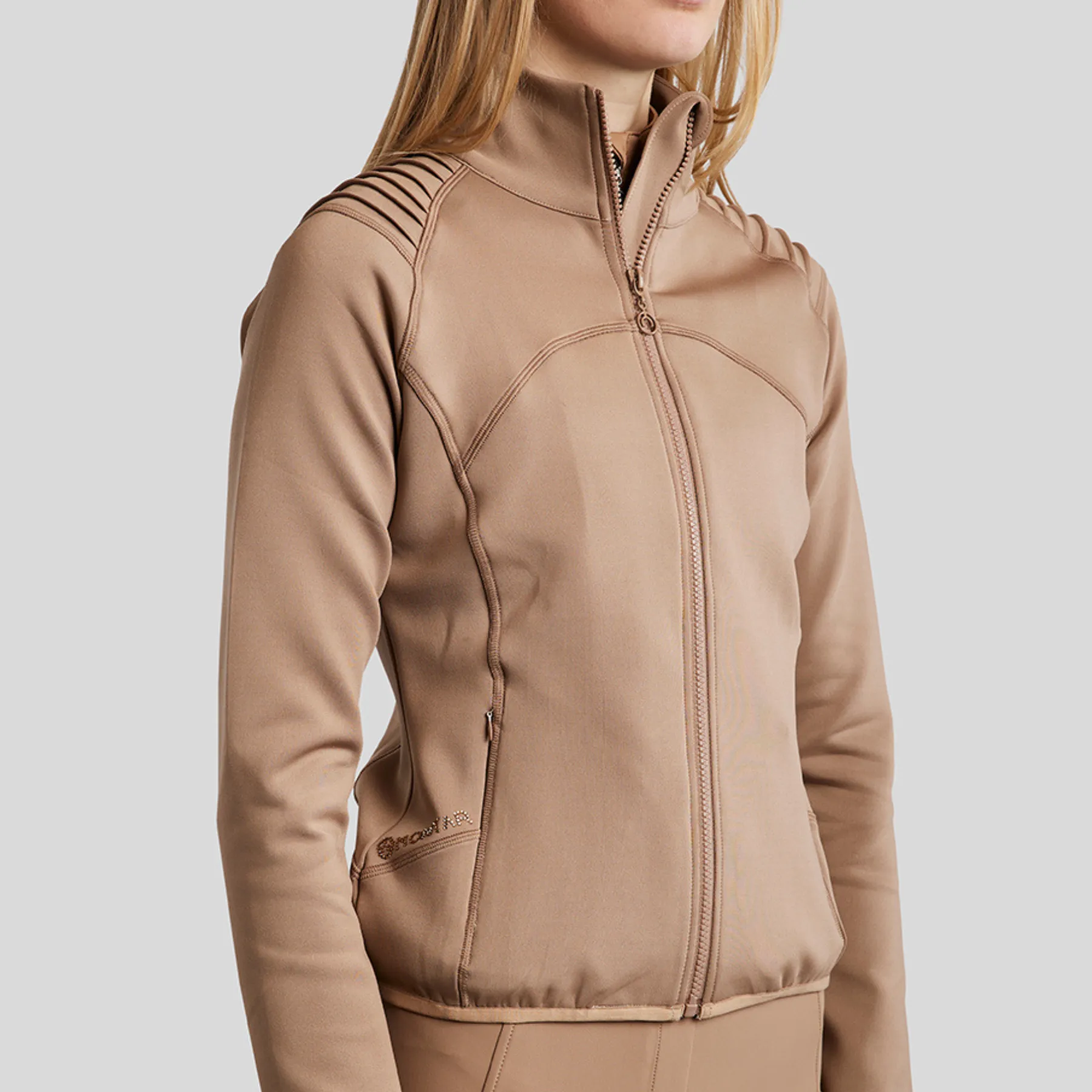 Montar MoPaige Pintucks and Crystals Full Zip Lightweight Jacket, Latte