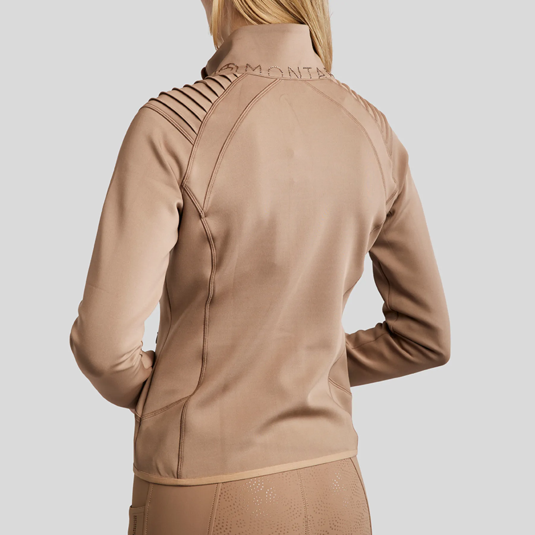 Montar MoPaige Pintucks and Crystals Full Zip Lightweight Jacket, Latte