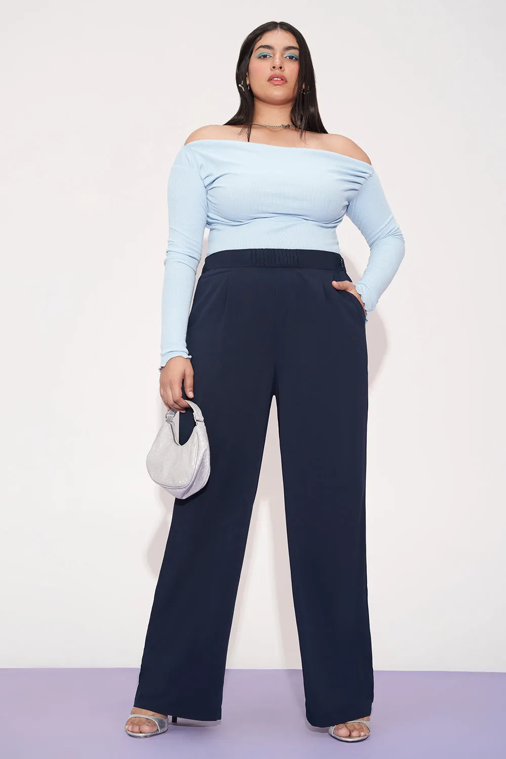 Navy Nexus Pleated Waistband Curve Korean Pants