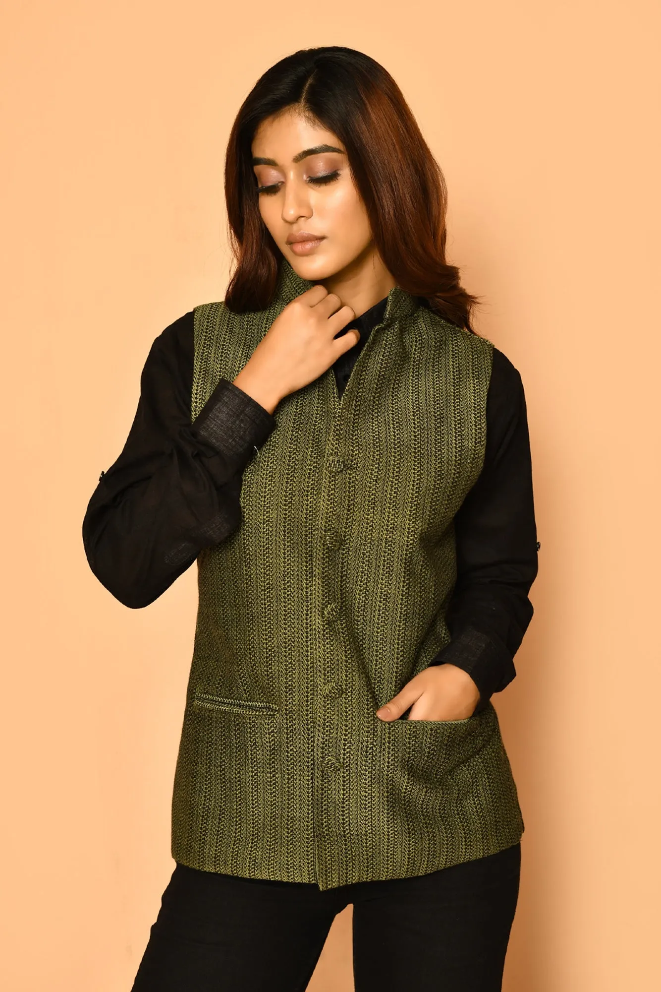 Olive Green Handloom Cotton Nehru Waist Blazer