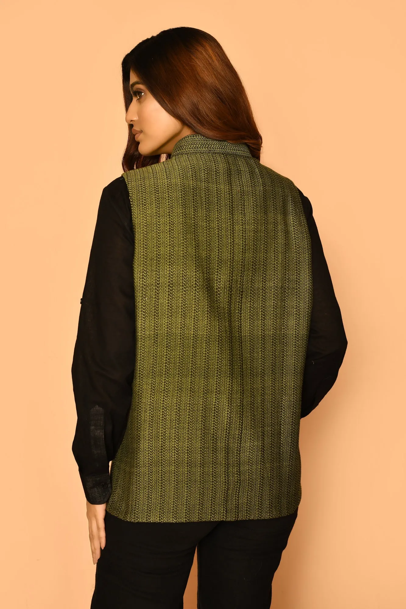 Olive Green Handloom Cotton Nehru Waist Blazer