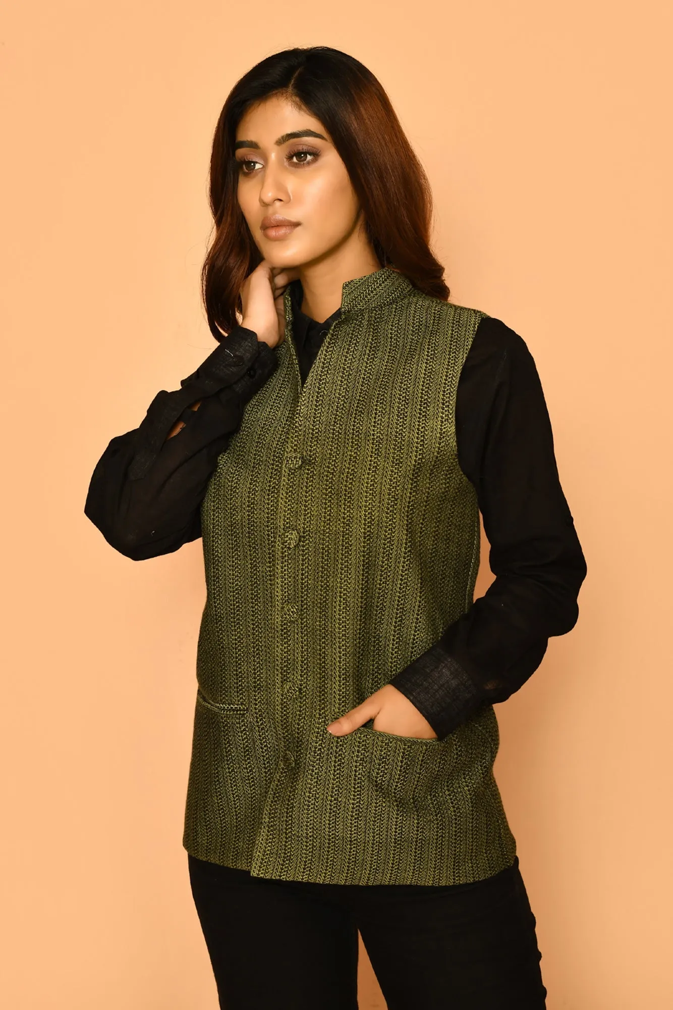 Olive Green Handloom Cotton Nehru Waist Blazer