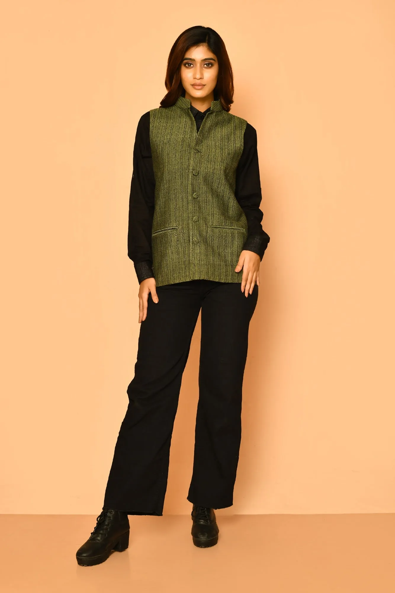 Olive Green Handloom Cotton Nehru Waist Blazer