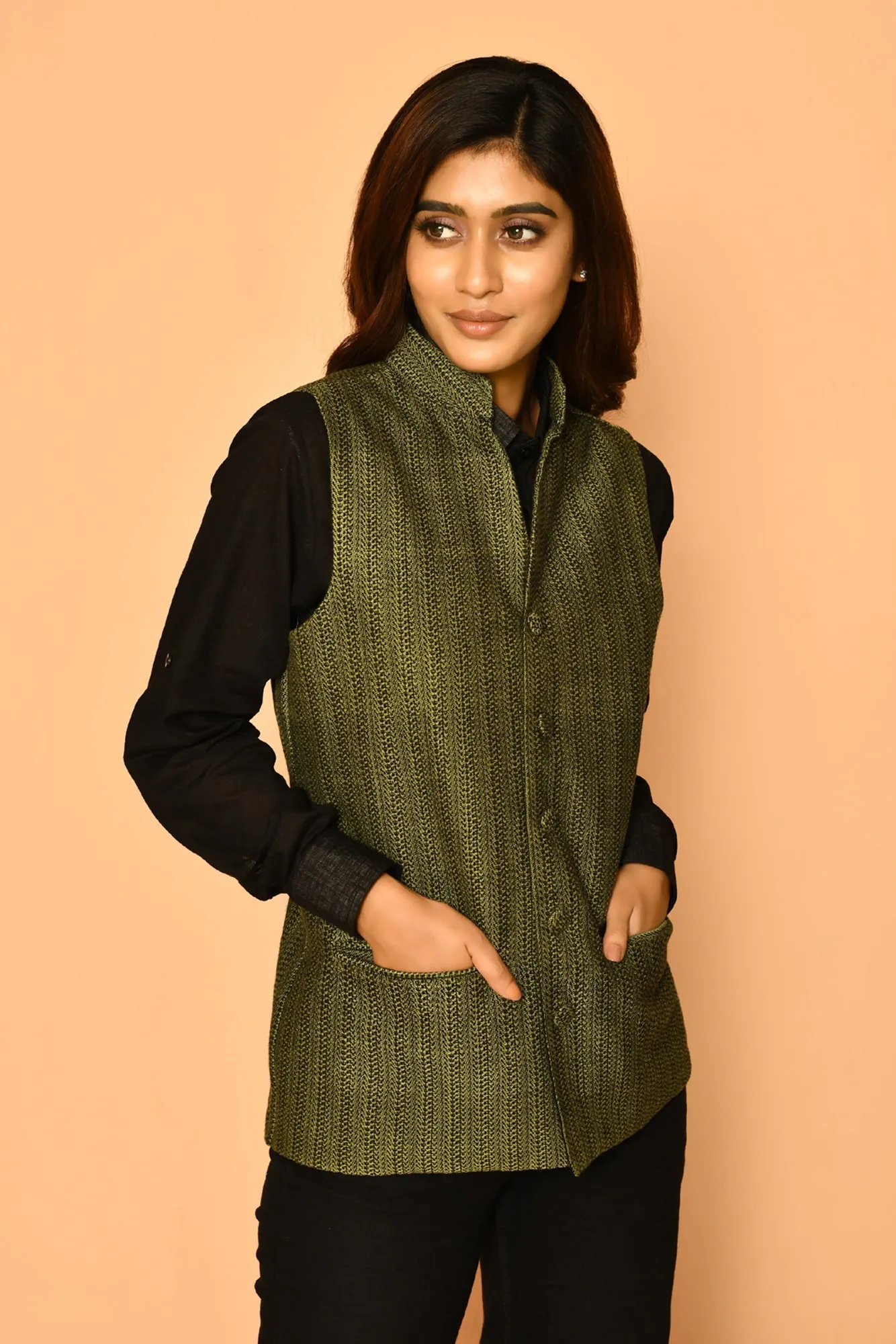 Olive Green Handloom Cotton Nehru Waist Blazer