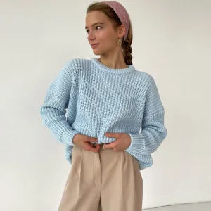 Oversized Ribbed Candy Color Crewneck Pullover Sweater - Light Blue