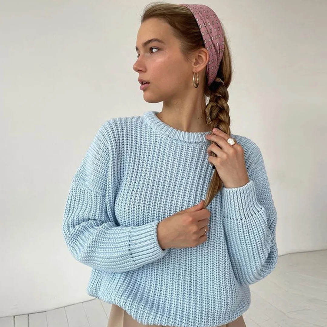 Oversized Ribbed Candy Color Crewneck Pullover Sweater - Light Blue