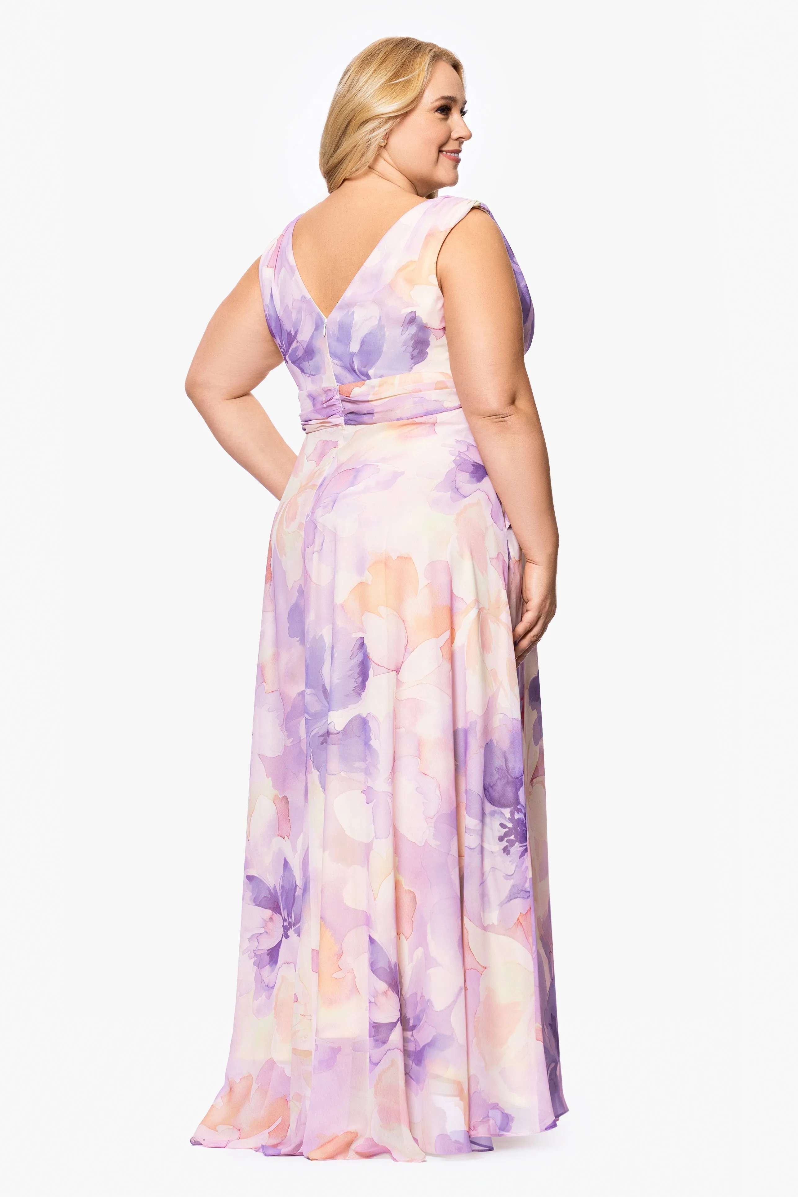 Plus "Kyla" Sleeveless V-Neck Floral Floor Length Chiffon Dress