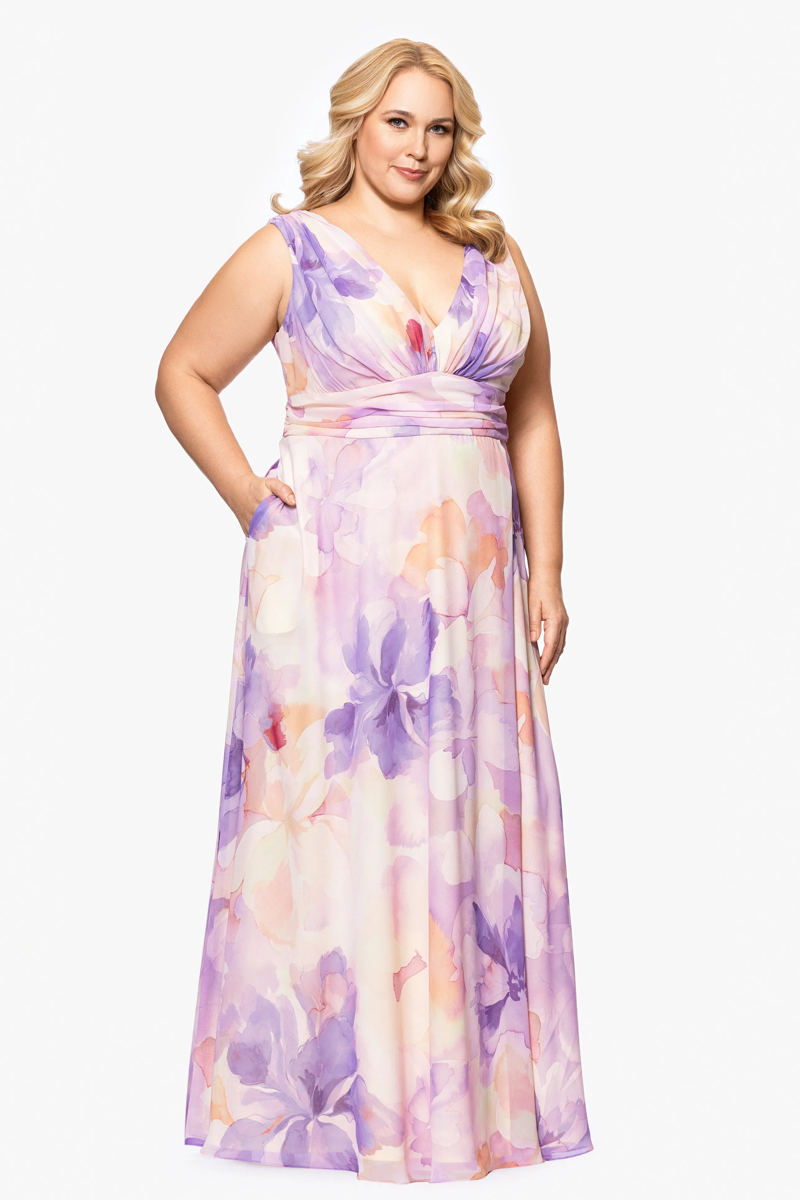 Plus "Kyla" Sleeveless V-Neck Floral Floor Length Chiffon Dress