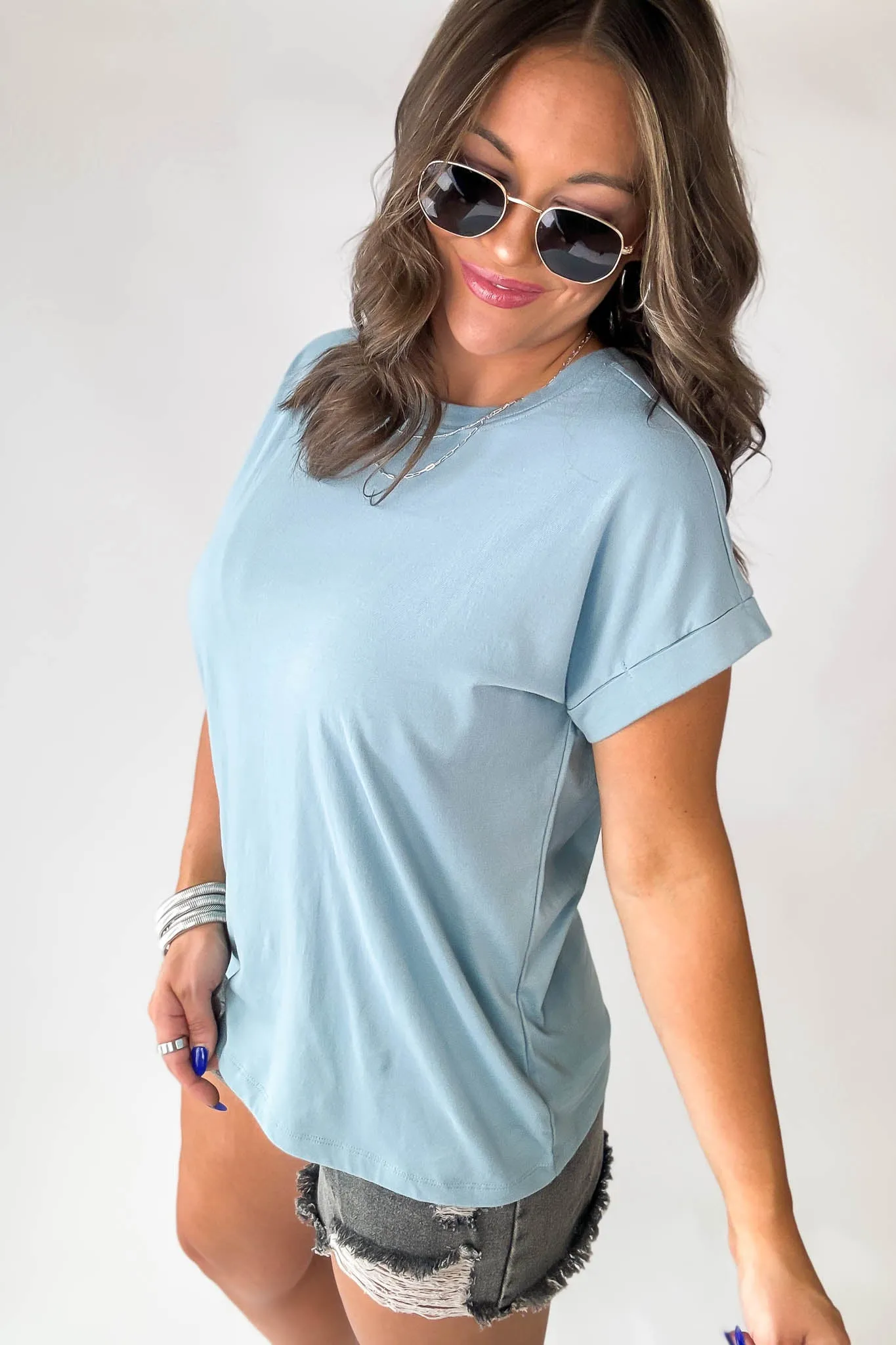 Relax Blue Grey Folded Sleeve Top