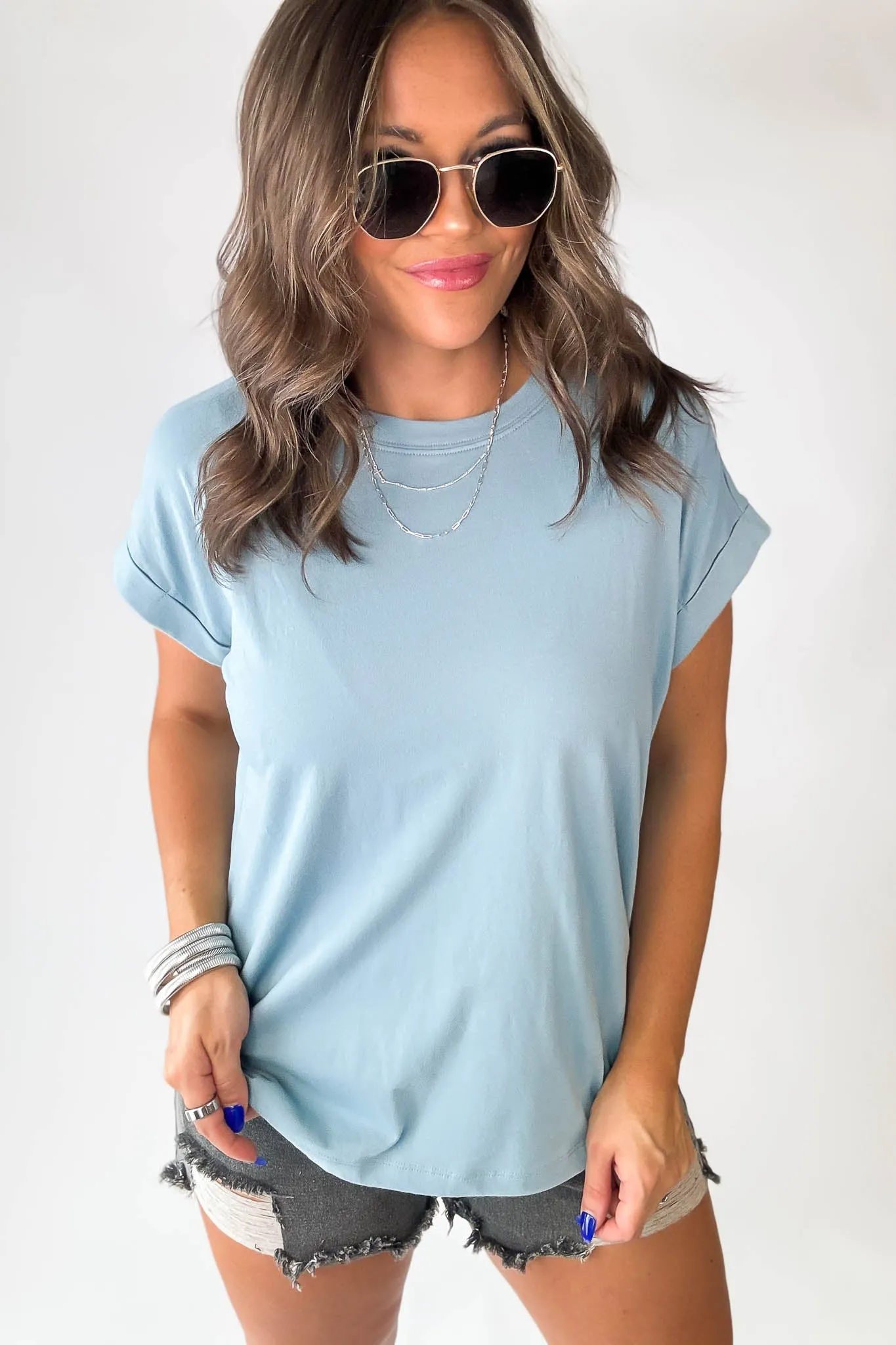 Relax Blue Grey Folded Sleeve Top