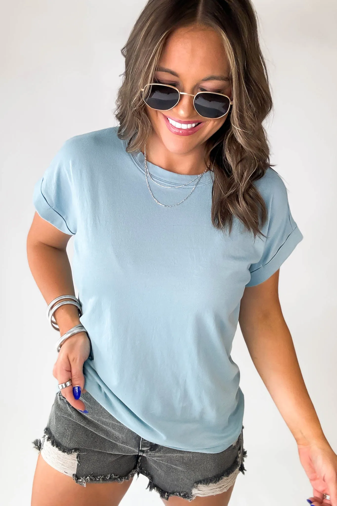 Relax Blue Grey Folded Sleeve Top