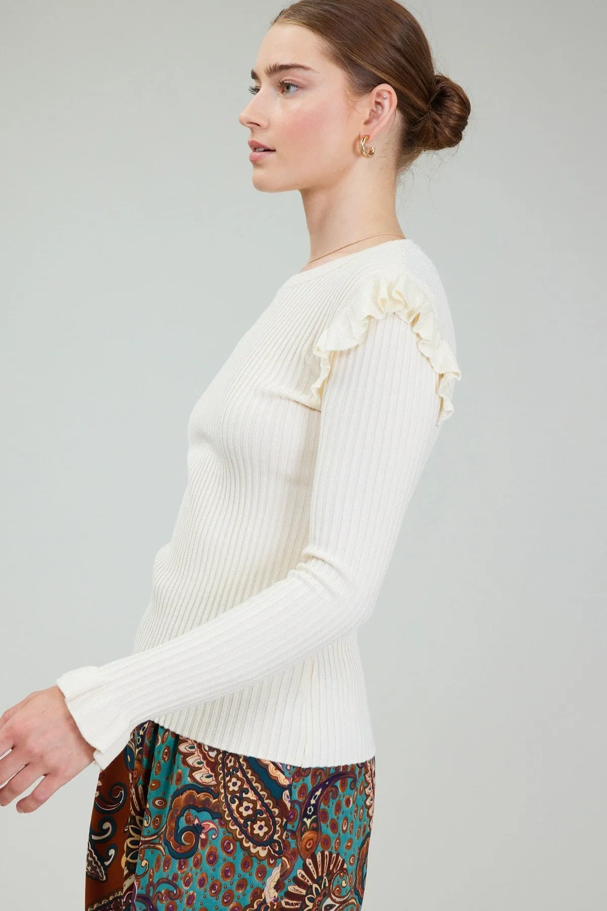 Ruffle Shoulder Rib Sweater