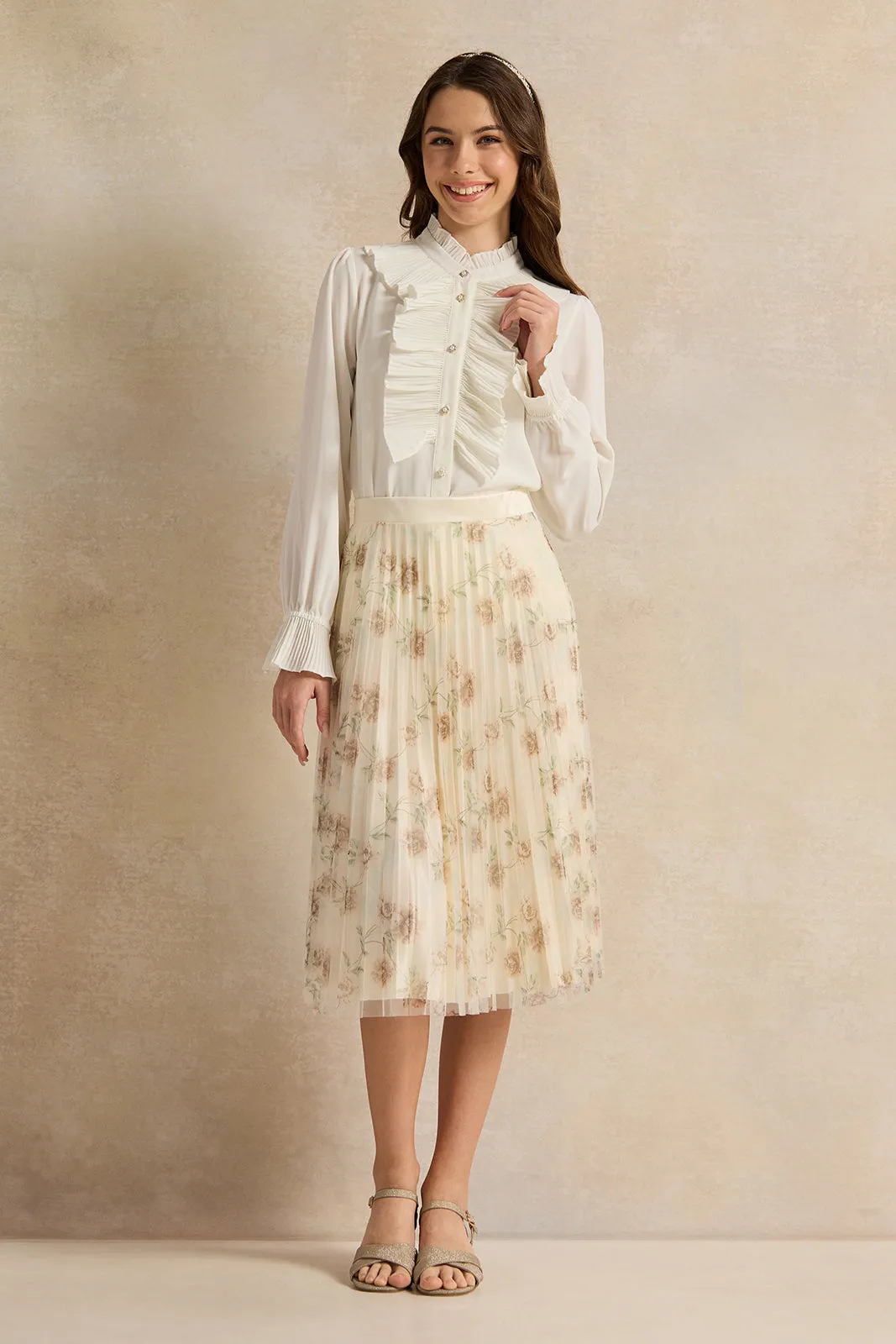 Senior Girls Cream Floral Mesh Pleated Skirt