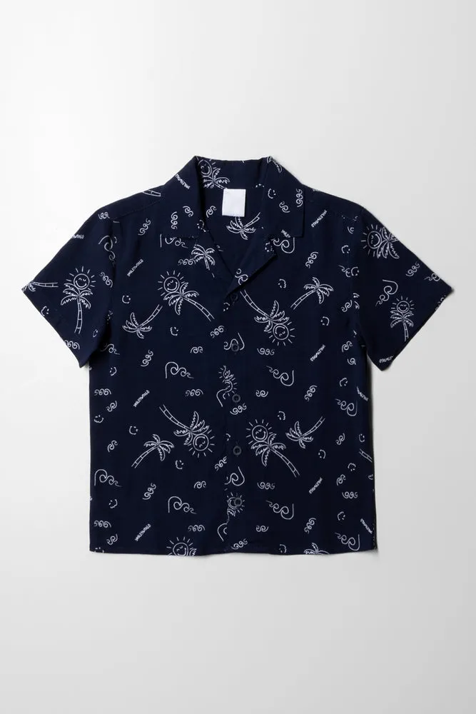 Short Sleeve Resort Collar Viscose Shirt Navy