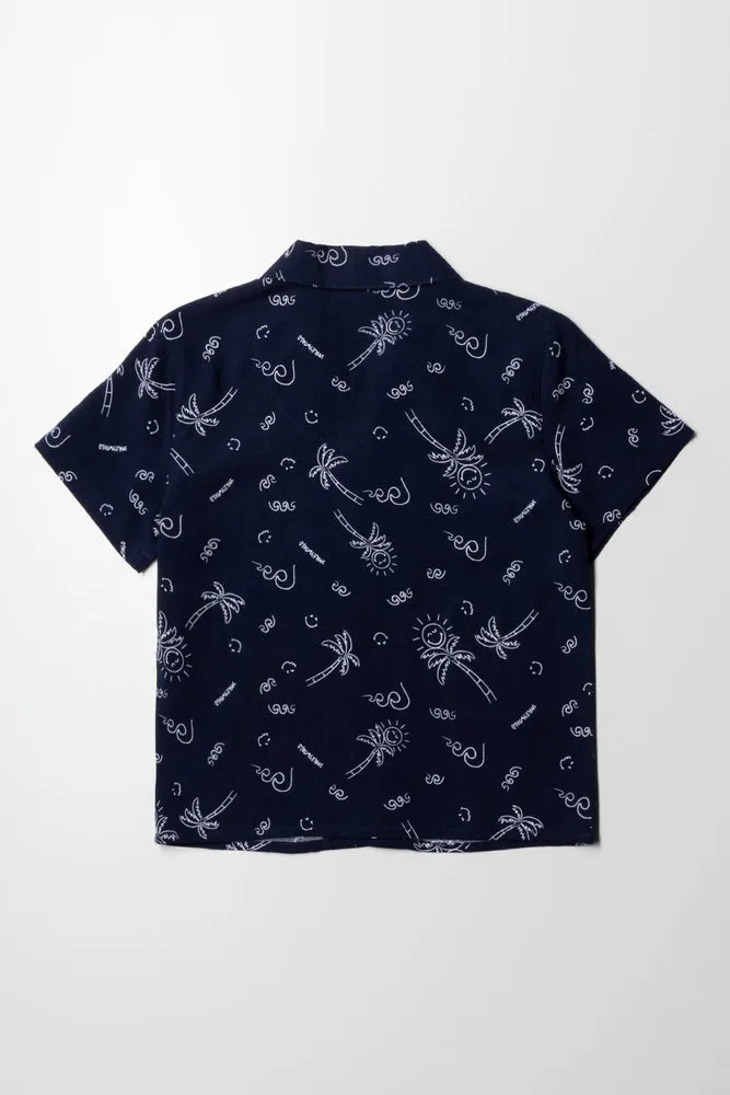 Short Sleeve Resort Collar Viscose Shirt Navy