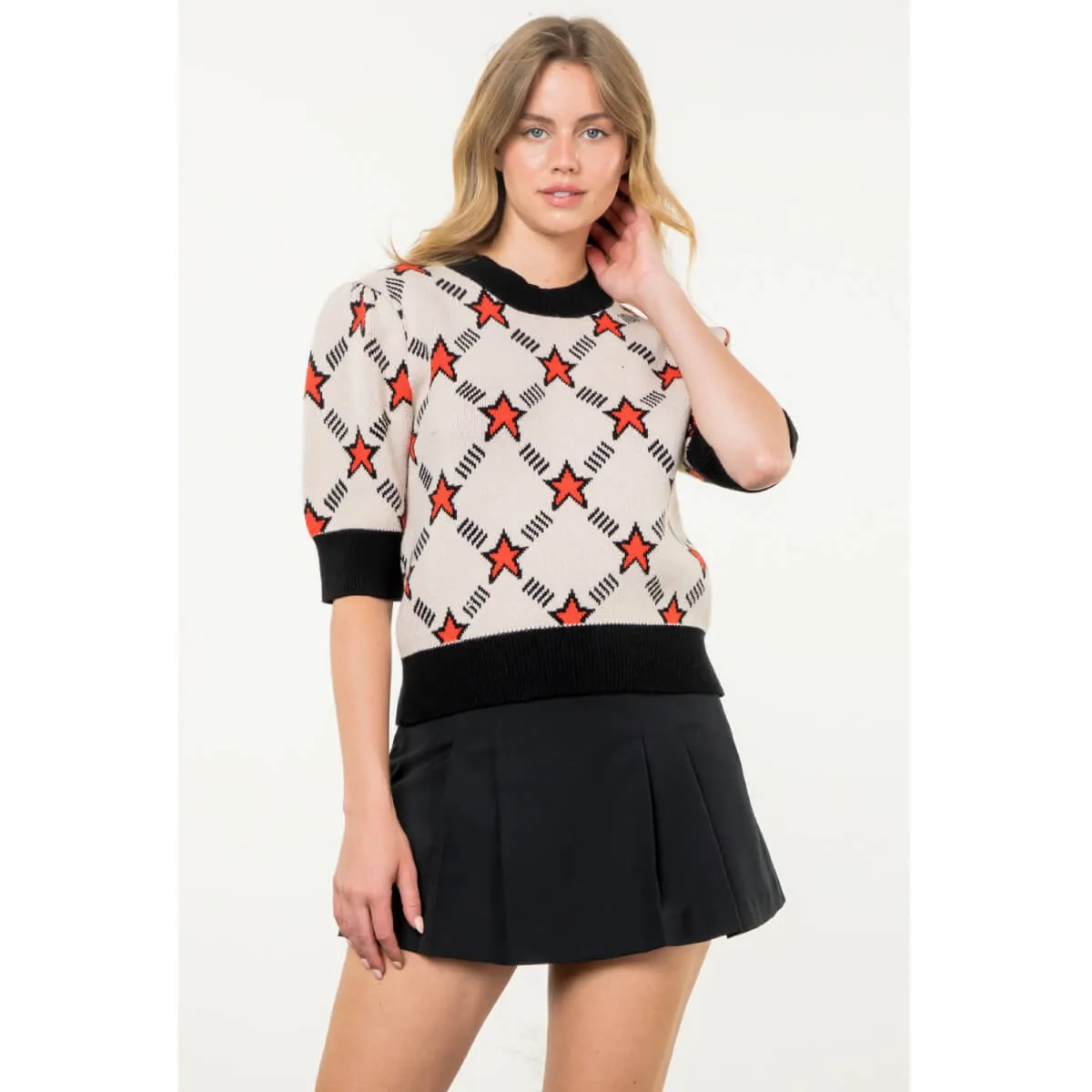 Star Print Short Sleeve Sweater Top