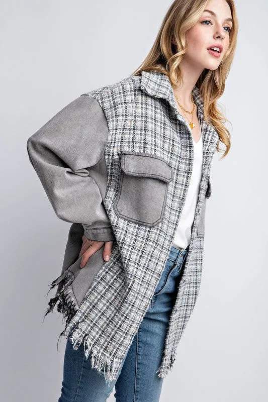 SWEET GENERIS Tweed Denim Shacket with Fringed Hem