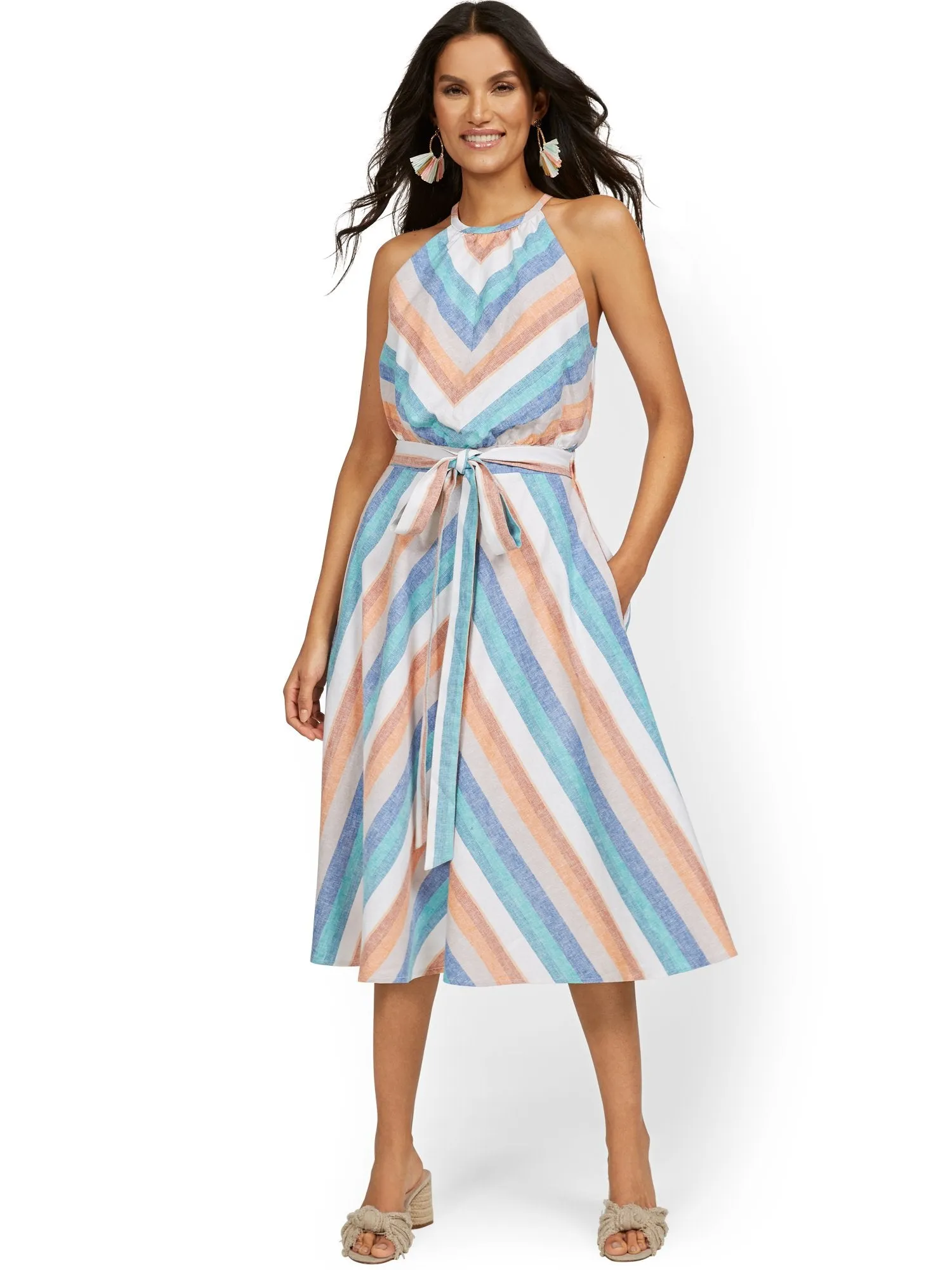 Tall Linen-Blend Multi-Stripe High Halter Midi Dress