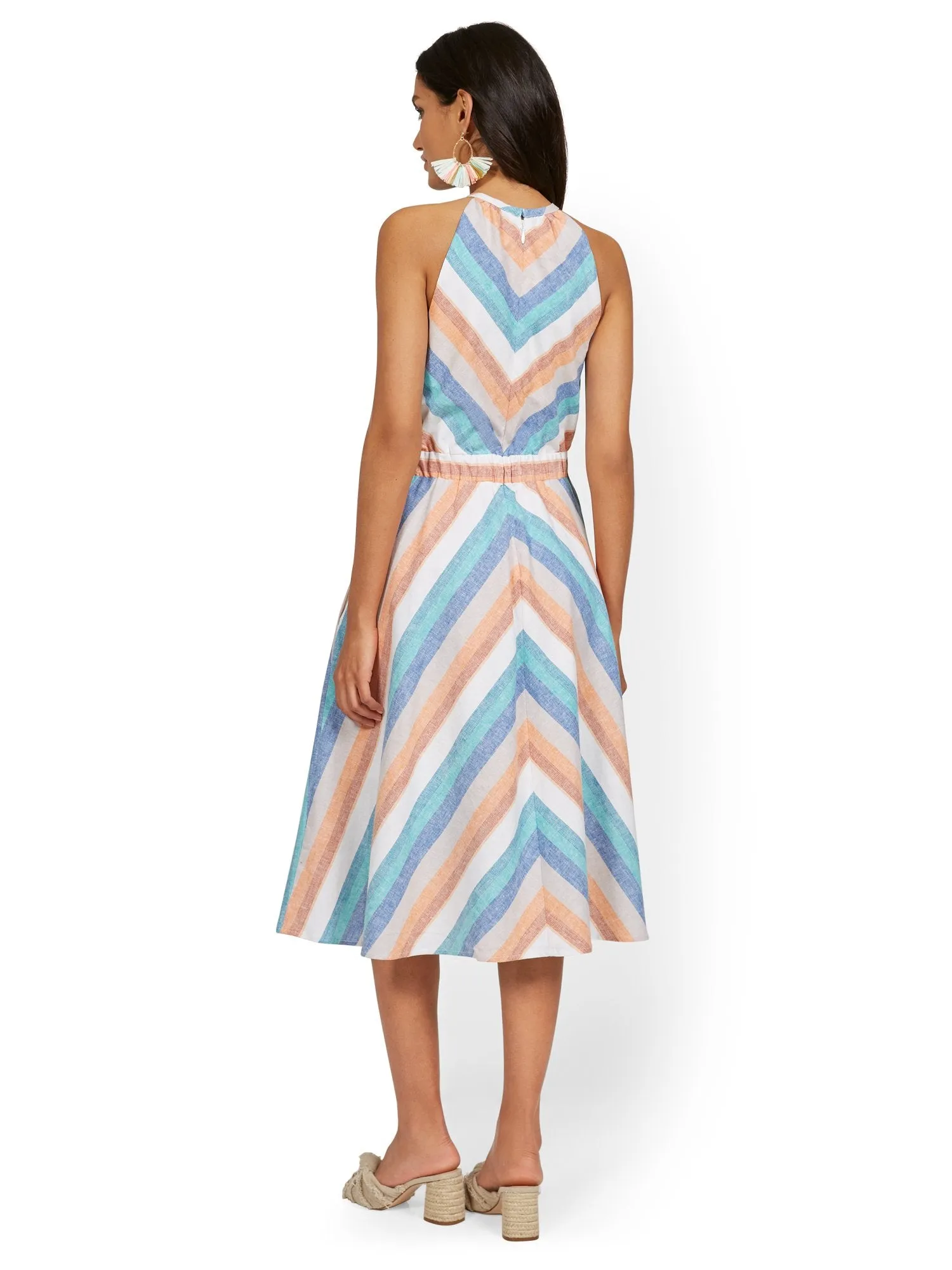 Tall Linen-Blend Multi-Stripe High Halter Midi Dress