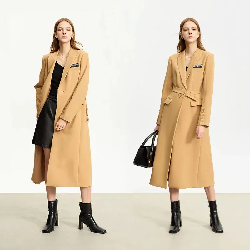 Trench Coats Slim-fit Long Belt Blazer Collar Solid Wide-waisted Lady Jackets