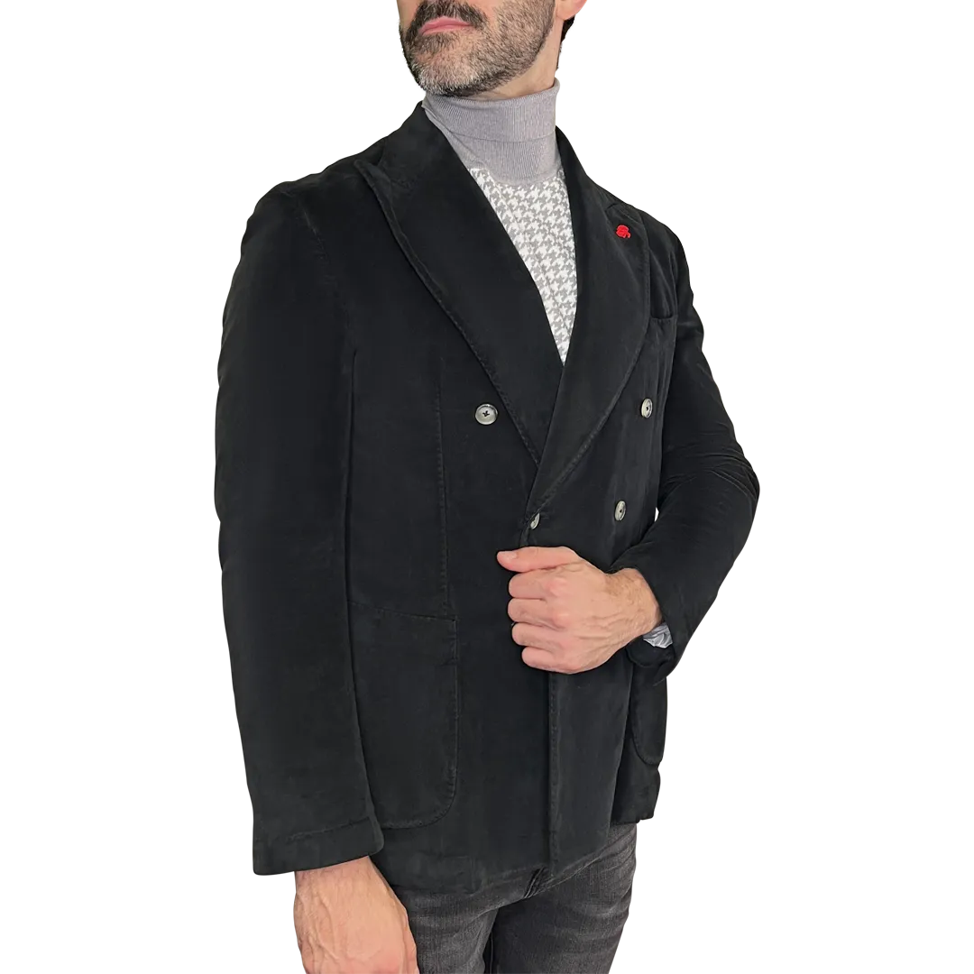 Velvet Peak Lapel Double Breasted Blazer - Dark Navy