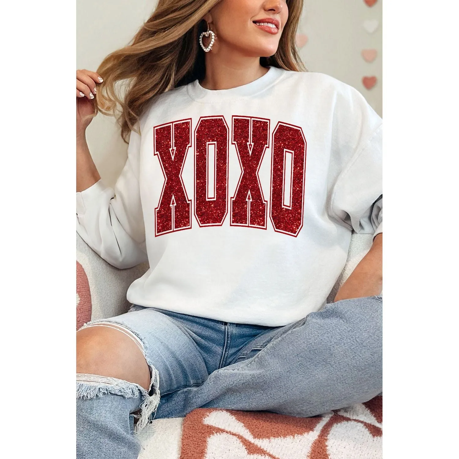 White Glitter XOXO Graphic Crewneck Valentines Pullover Sweatshirt