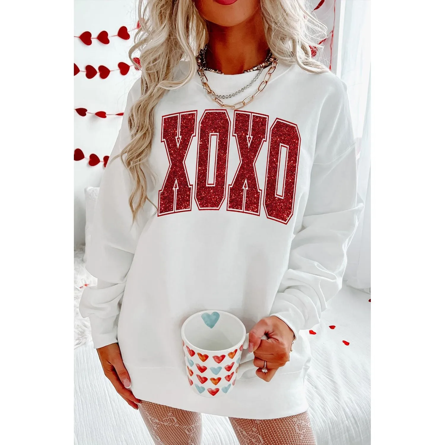 White Glitter XOXO Graphic Crewneck Valentines Pullover Sweatshirt