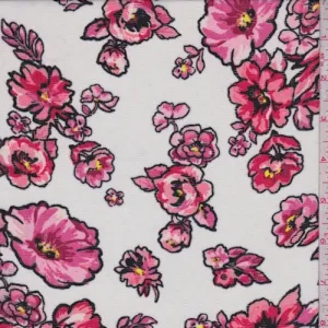 White/Deep Pink Dogwood Floral Chiffon Fabric