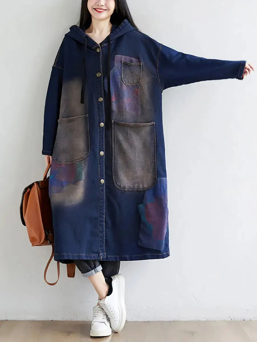 Women Wron Print Splced Denim Hooded Coat