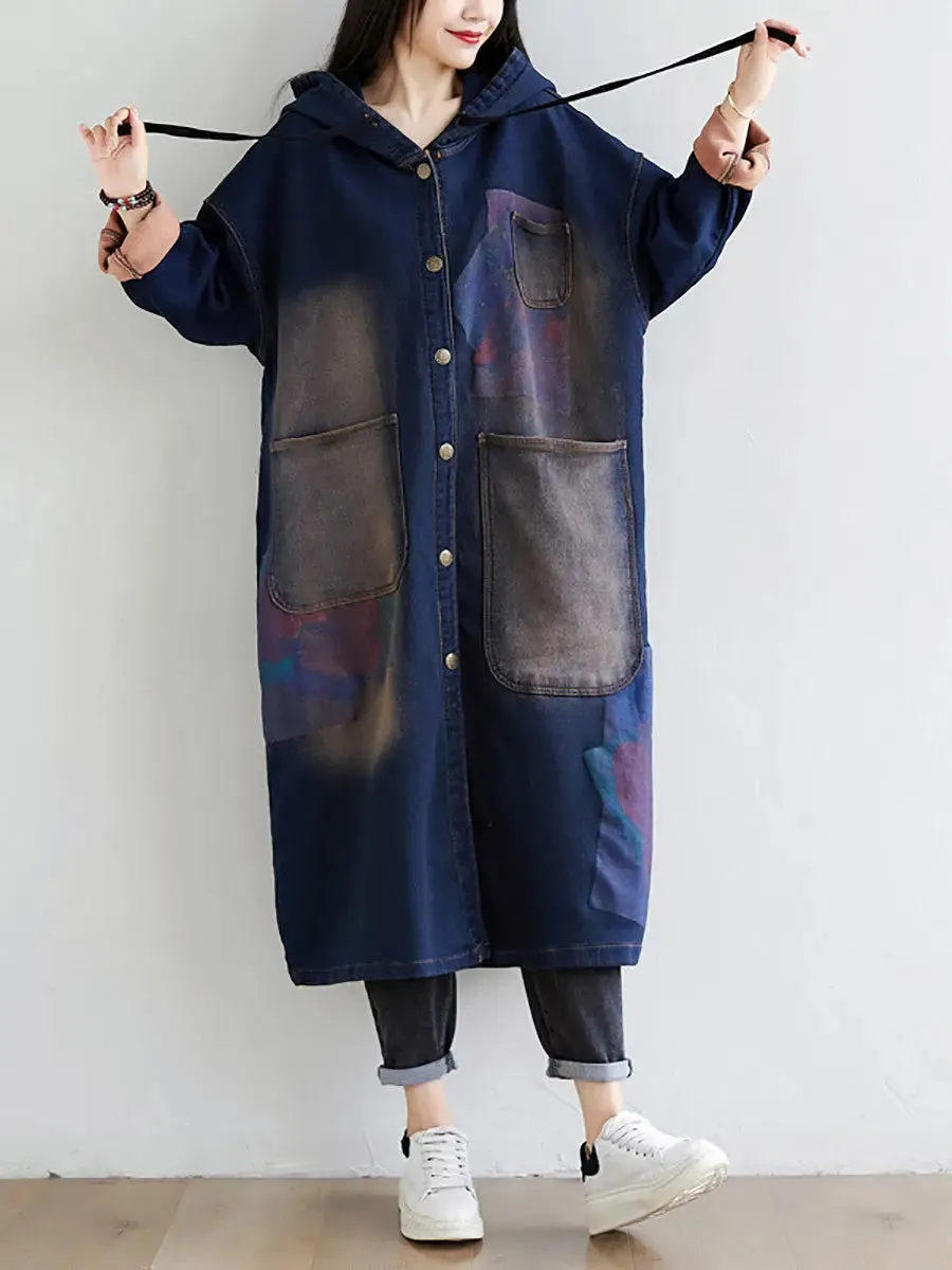 Women Wron Print Splced Denim Hooded Coat