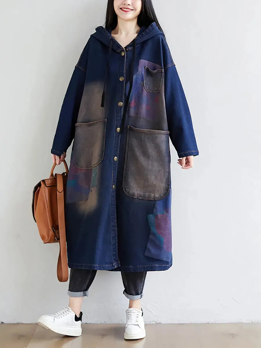 Women Wron Print Splced Denim Hooded Coat