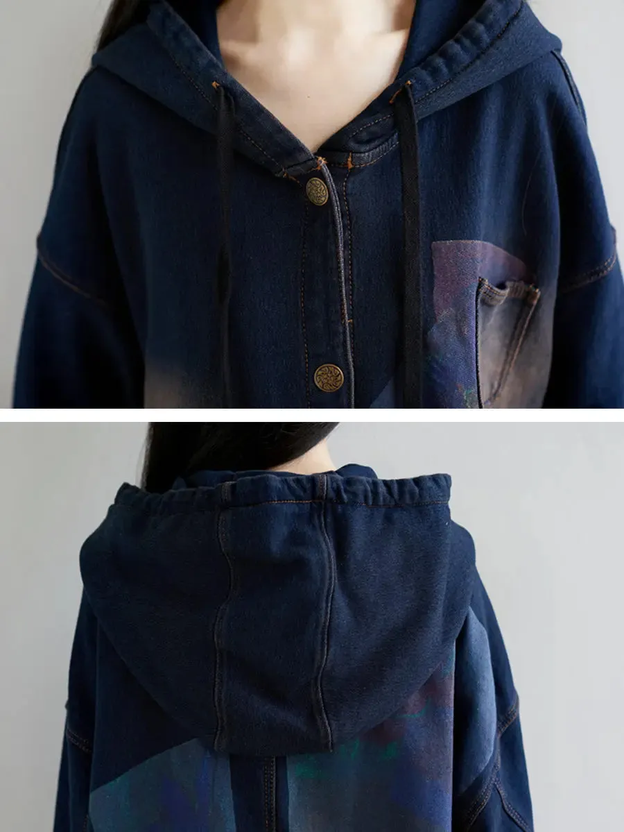 Women Wron Print Splced Denim Hooded Coat