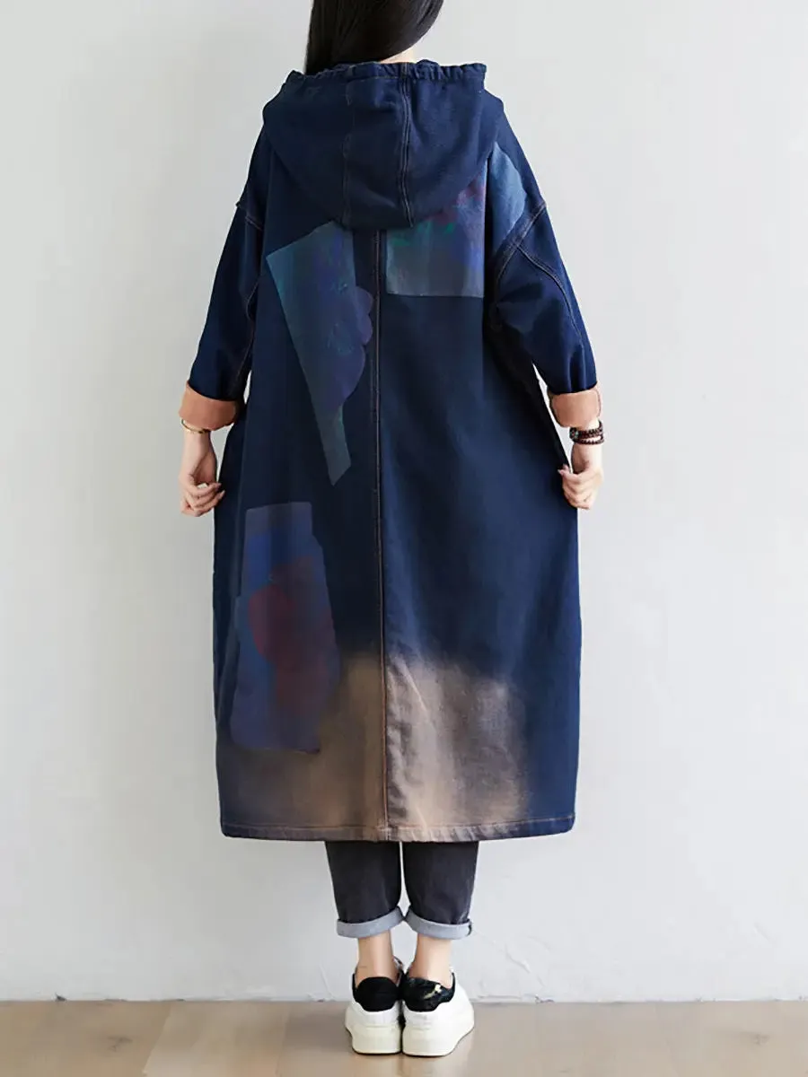 Women Wron Print Splced Denim Hooded Coat