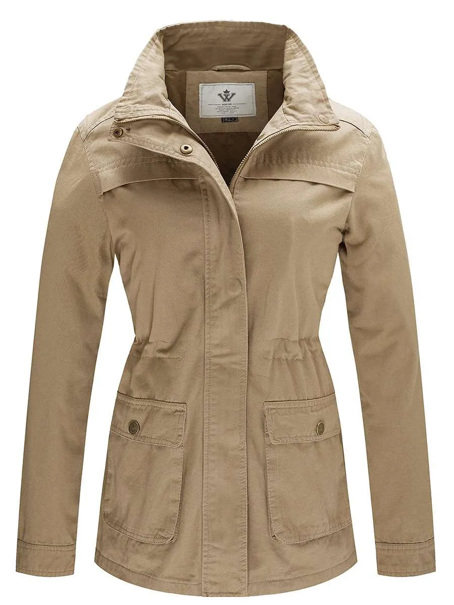 Women's Casual Military Jacket Cotton Stand Collar Utility Anorak Coat