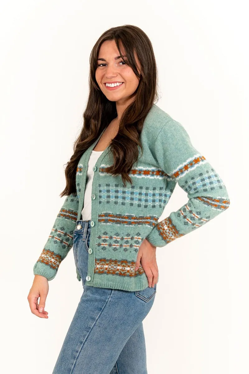 Womens Craigievar V-neck Fair isle Cardigan - Soft Green