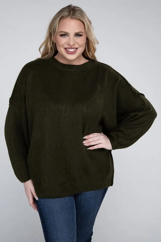 ZENANA Plus Oversized Round Neck Raw Seam Melange Sweater