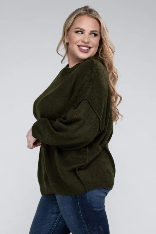 ZENANA Plus Oversized Round Neck Raw Seam Melange Sweater