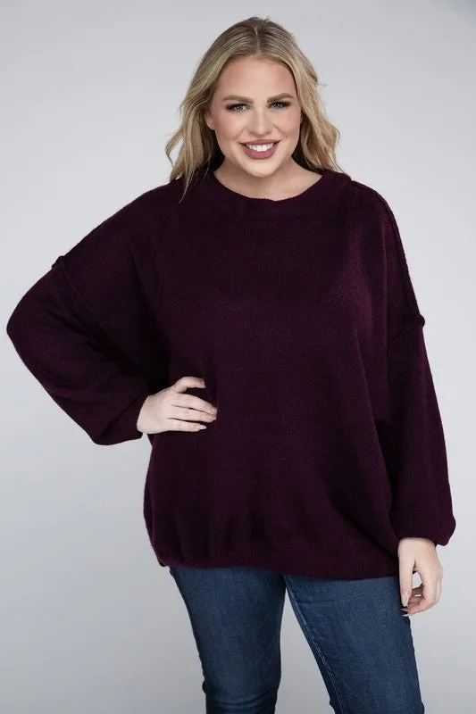 ZENANA Plus Oversized Round Neck Raw Seam Melange Sweater