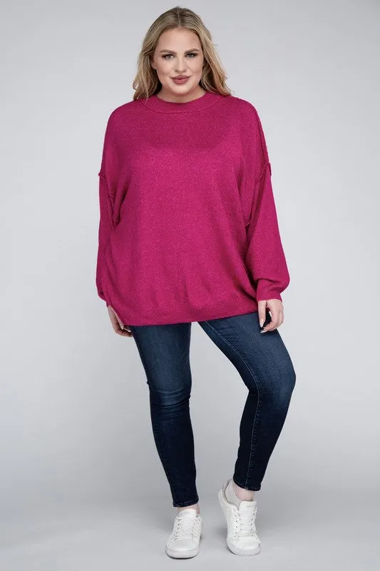 ZENANA Plus Oversized Round Neck Raw Seam Melange Sweater