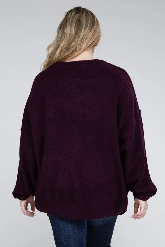 ZENANA Plus Oversized Round Neck Raw Seam Melange Sweater