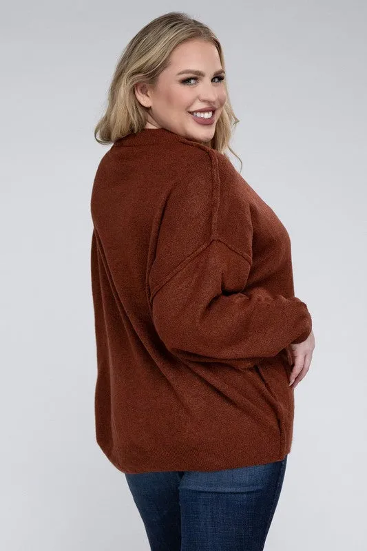 ZENANA Plus Oversized Round Neck Raw Seam Melange Sweater